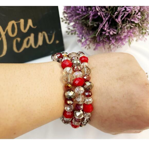 Red Silver Triple Layered Wrap Bracelet Fashion Jewelry - Picture 3 of 4